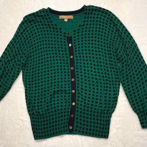 Polka dot cardigan sweater.